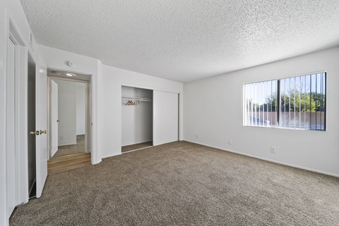 A room with a carpeted floor and a window with blinds.
