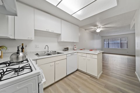 A white kitchen with a stove and sink.
