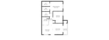 A floor plan of a house with a living room, dining area, kitchen, two bathrooms, a primary bedroom and a bedroom.