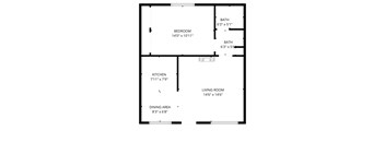 A floor plan of a house with a living room, dining area, kitchen, and two bedrooms.