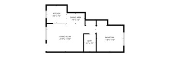 A floor plan of a house with a kitchen, dining area, living room, bedroom and bathroom.