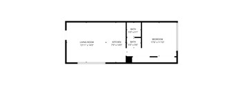 A floor plan of a small apartment with a living room, kitchen, bathroom and bedroom.