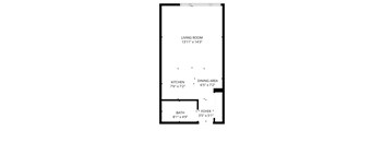 A floor plan of a small apartment with a living room, kitchen, dining area, bathroom and foyer.