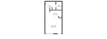 A floor plan of a house with a living room, kitchen, bathroom and hall.