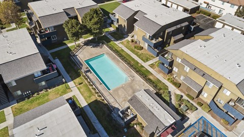 A swimming pool is surrounded by houses.