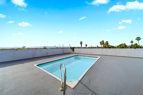 A swimming pool on a rooftop with palm trees in the distance.