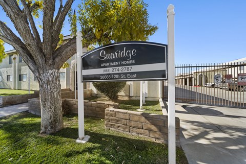 A sign for Sunridge Apartment Homes stands in front of a tree.