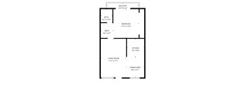 A floor plan of a home with a living room, dining area, kitchen, bedroom and two bathrooms.