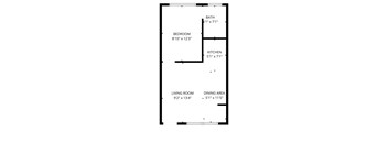 A floor plan of a small apartment with a living room, dining area, kitchen, bathroom and bedroom.