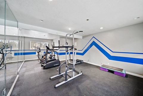 A gym with a blue stripe on the wall.