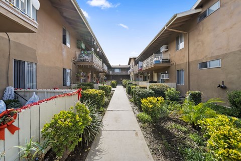 A sunny day in a residential area with apartment buildings on either side of a walkway.