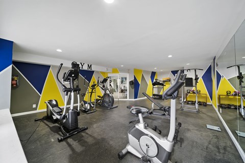A gym with exercise equipment and mirrors.