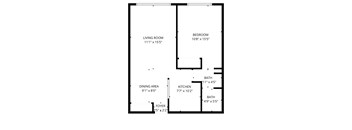A black and white image of a floor plan for a small apartment.