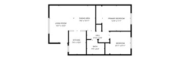 A floor plan of a house with a living room, kitchen, dining area, and bedrooms.