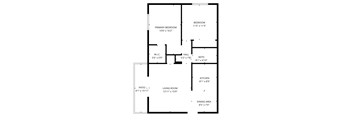 A floor plan of a house with a living room, dining area, kitchen, two bedrooms, a bath, and a hallway.