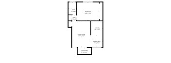 A floor plan of a house with a living room, dining area, kitchen, bedroom, bathroom and a courtyard.