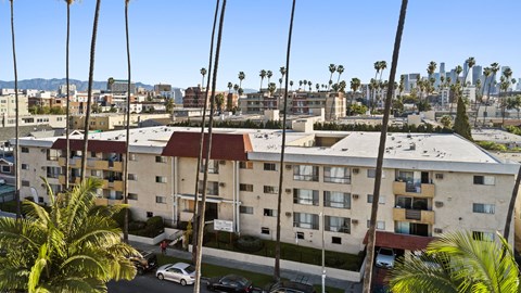 A view of a residential building with cars parked in front and palm trees in the foreground.