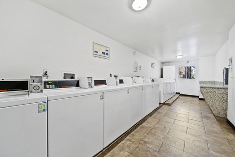 A row of washing machines are lined up in a laundromat.