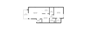 A floor plan of a house with a living room, dining area, kitchen, bedroom, bathroom, laundry, and foyer.
