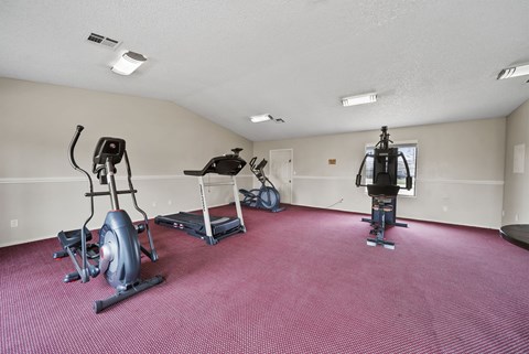 A room with a red carpet and exercise equipment.