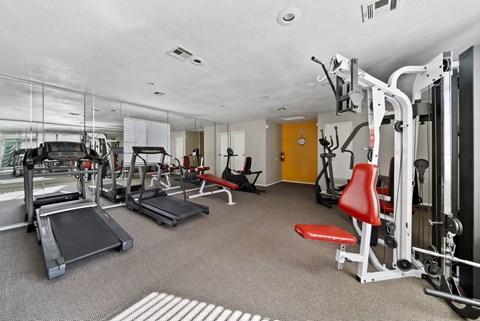 A gym with treadmills, weight machines, and benches.