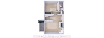 A 3D rendering of a modern apartment layout with a kitchen, living room, and bedroom.