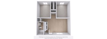 A 3D rendered image of a bathroom with a toilet, sink, and cabinetry.