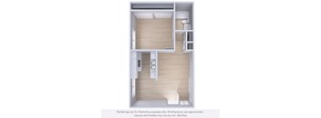 A 3D rendering of a small, modern apartment with a kitchen area and a bathroom.