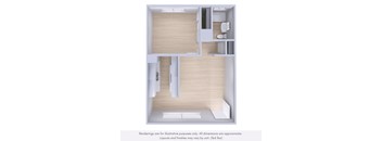 A 3D rendered image of a small apartment layout.