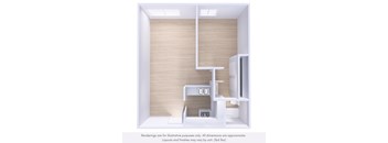 A rendering of a kitchen with wooden walls and white cabinets.