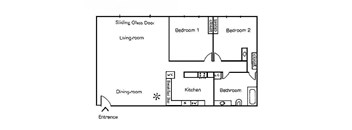 A floor plan of a house with a living room, dining room, kitchen, two bedrooms, and a bathroom.