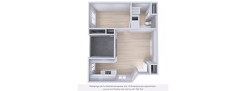 A 3D rendering of a modern apartment layout with a living room, kitchen, and bedroom.