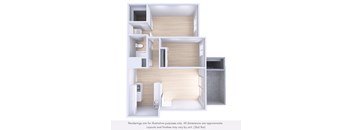A 3D rendering of a modern apartment layout with two bedrooms, a living area, and a kitchen.