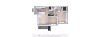 A rendering of a kitchen layout with a note that it is for illustrative purposes only.