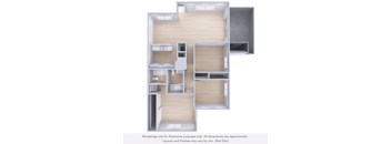 A 3D floor plan of a house with a kitchen, living room, and bathroom.