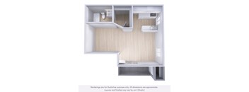 A 3D rendering of a small, modern apartment with a kitchen, living room, and bathroom.