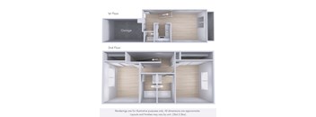 A diagram showing the layout of a house with a garage and two floors.