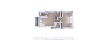 A 3D rendering of a house layout with a kitchen, living room, and bathroom.