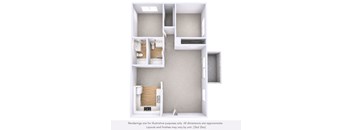 A diagram of a small apartment with a kitchen, bathroom, and bedroom.