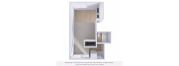 A 3D rendered image of a bathroom with a toilet, sink, and mirror.