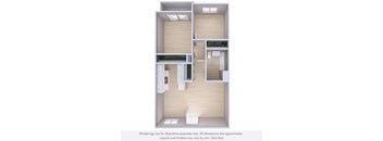 A 3D rendering of a modern, minimalist apartment layout.