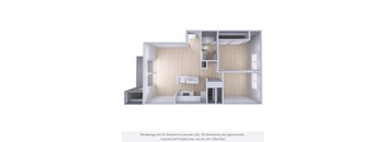 A 3D rendering of a small, modern apartment with a kitchen area.