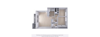 A 3D rendering of a small, modern, and minimalistic bedroom with a lofted area above the bed.