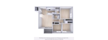 A 3D rendering of a small, modern apartment layout.
