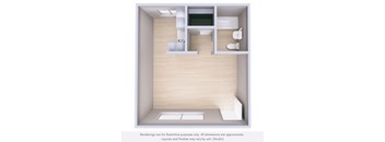 A 3D rendering of a small, modern bathroom with a toilet, sink, and mirror.