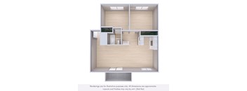A 3D rendering of a small, modern apartment with a kitchen, living room, and bathroom.