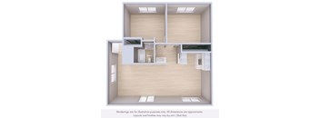 A 3D rendered image of a small, modern apartment layout.