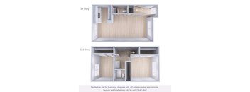 Two images of a room with different layouts and finishes.