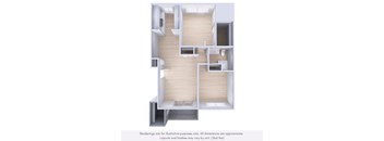 A 3D rendering of a house layout with wood paneling and white walls.