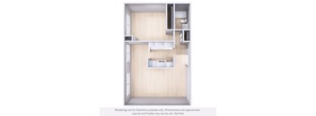 A 3D rendering of a small, modern apartment with a kitchen, living room, and bedroom.